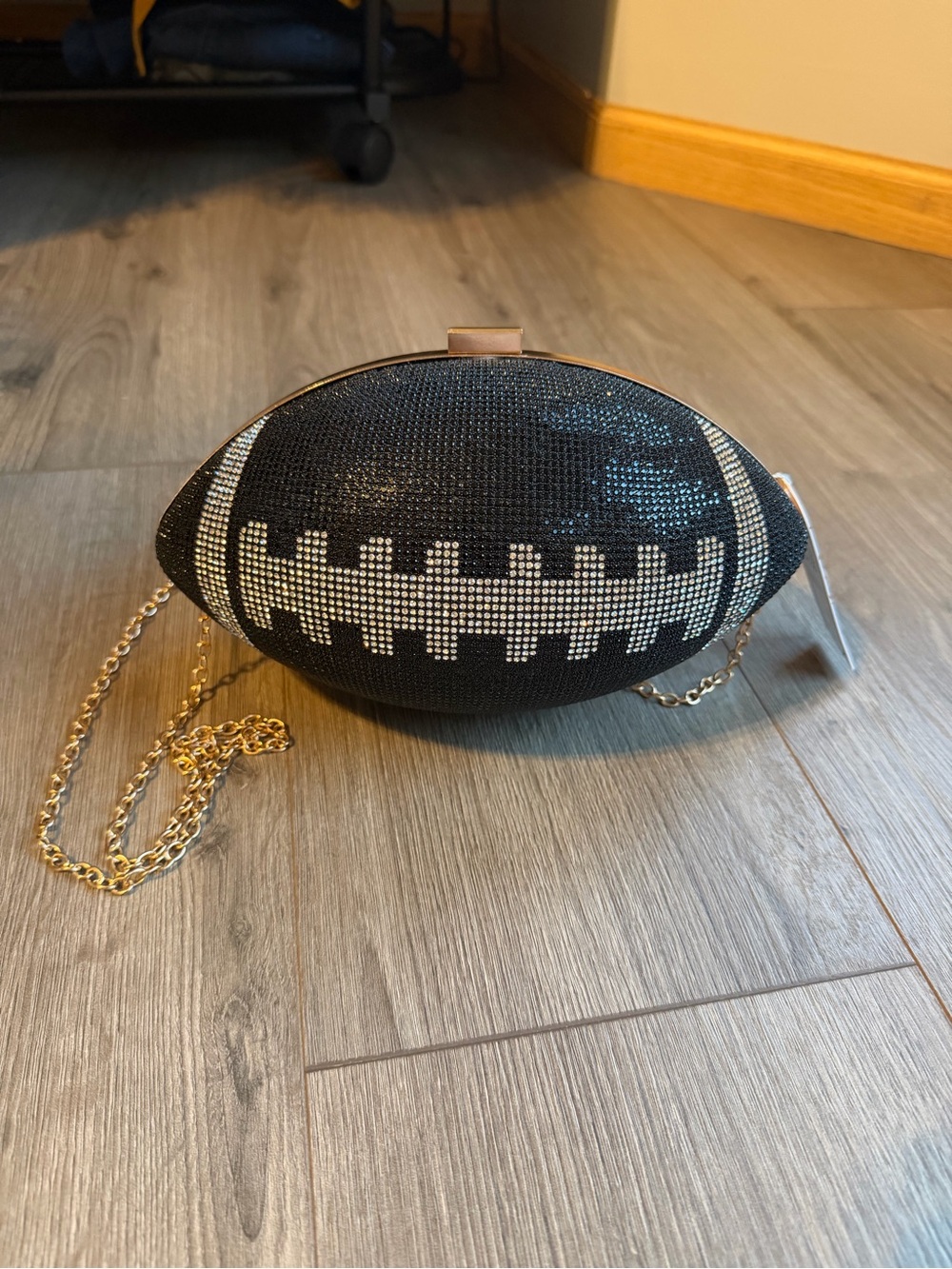 Source Unknown Black Rhinestone Football Clutch with Gold Chain